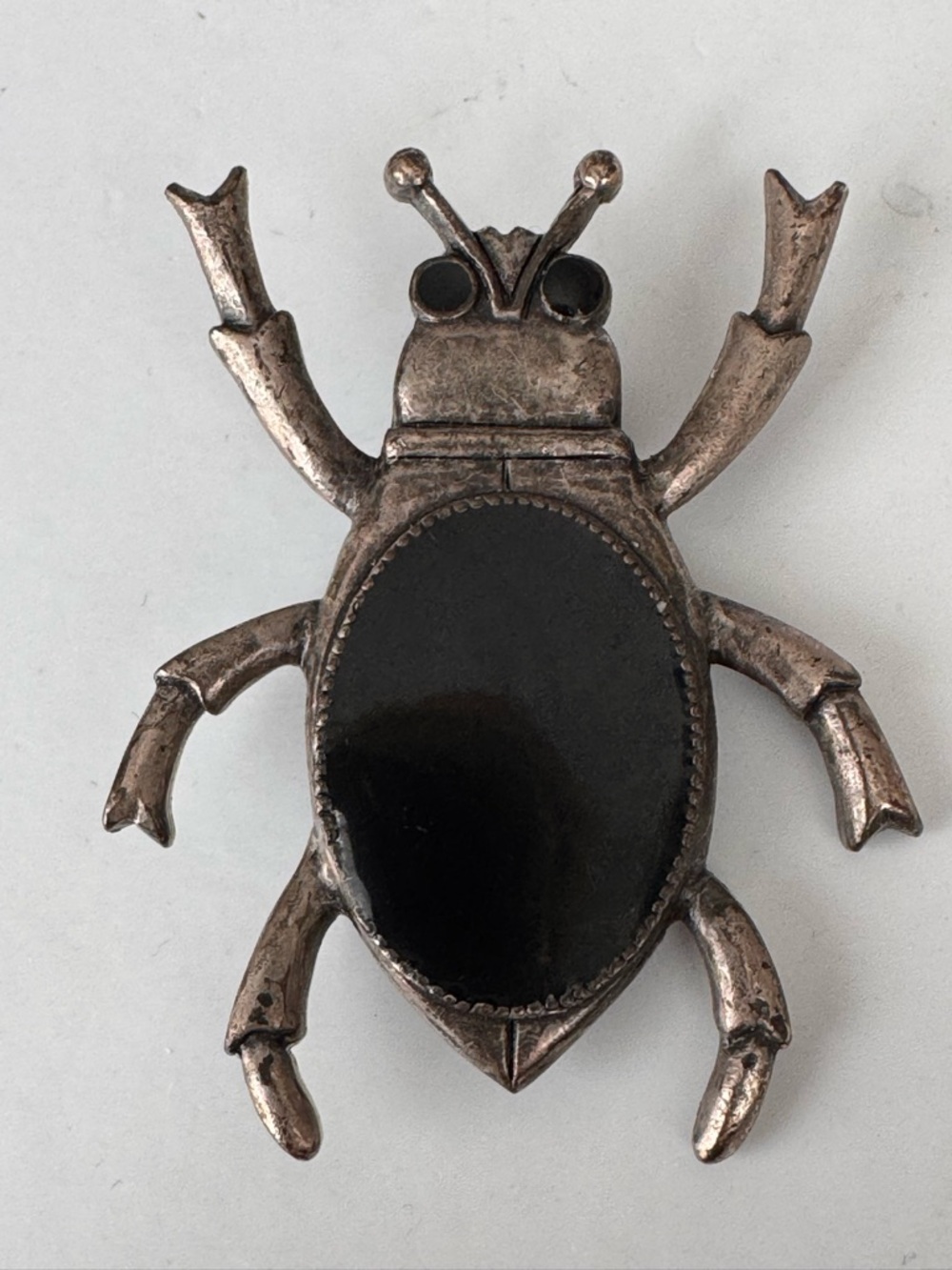 Vintage scarab beetle brooch black stone silver tone